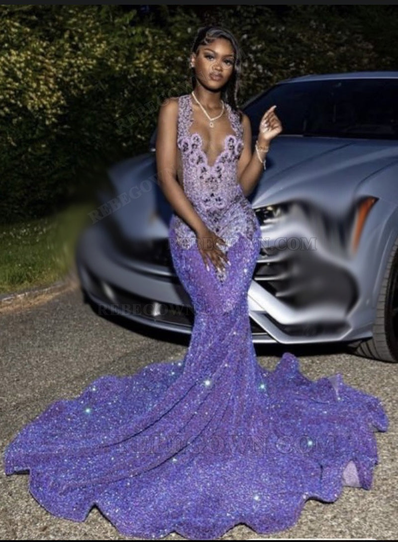 2027 Lavender Mermaid Sequin Long Evening Gowns back view