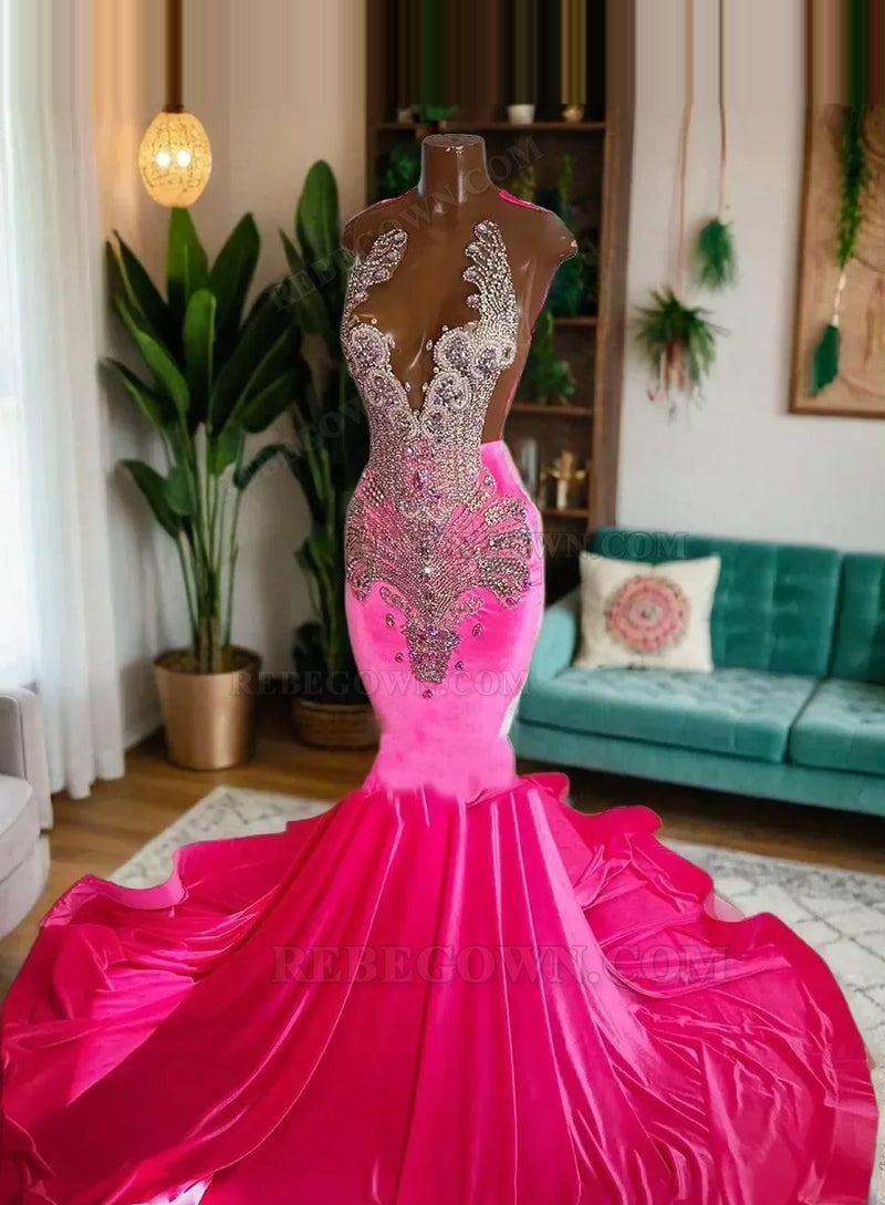 2027 One-Shoulder Fuchsia Beaded Mermaid Long Evening Dresses front view