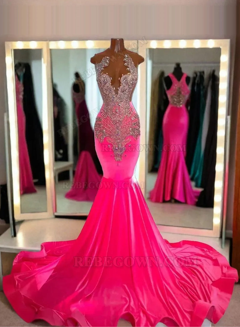 2027 One-Shoulder Fuchsia Beaded Mermaid Long Evening Dresses back view