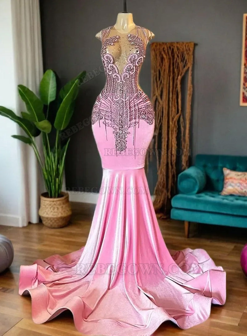 2027 Pink Velvet Mermaid Long Formal Dresses back view
