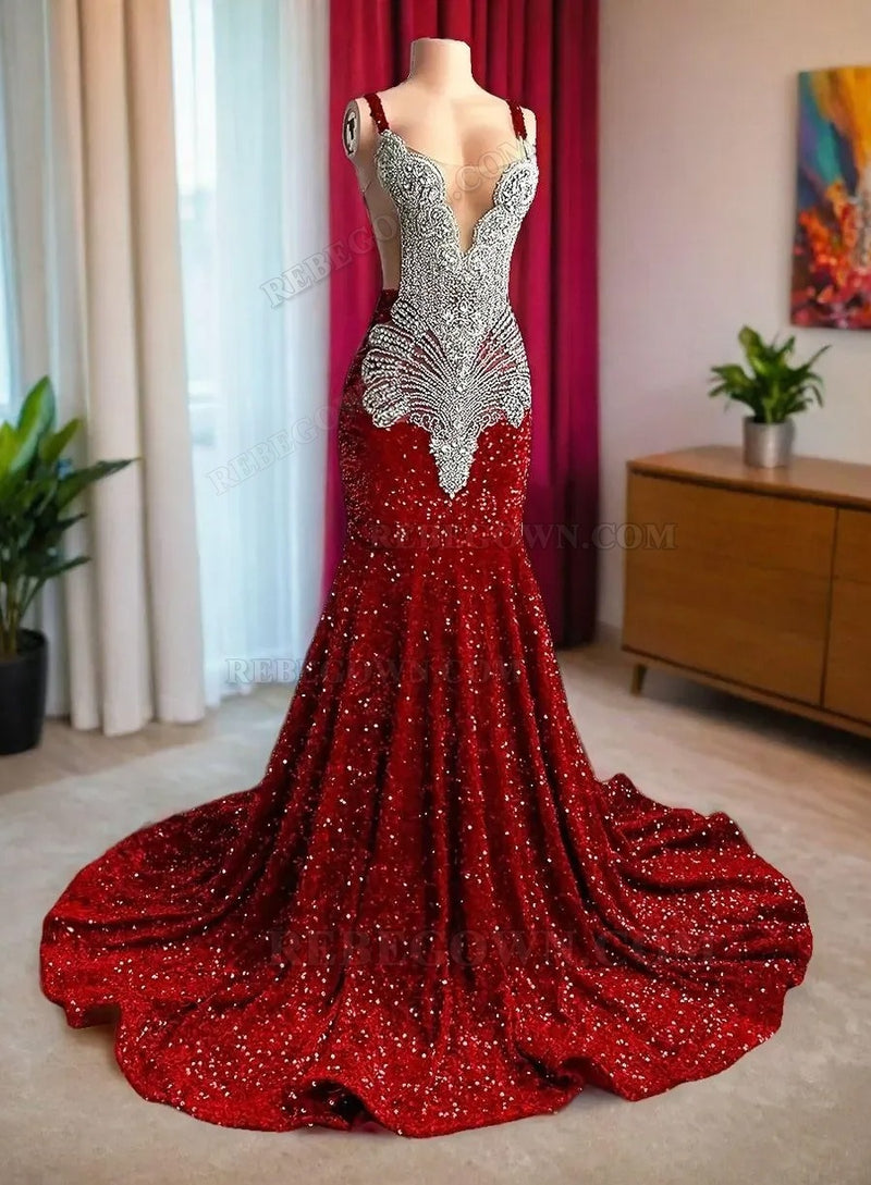 2027 Burgundy Halter Sequin Long Mermaid Evening Gowns back view