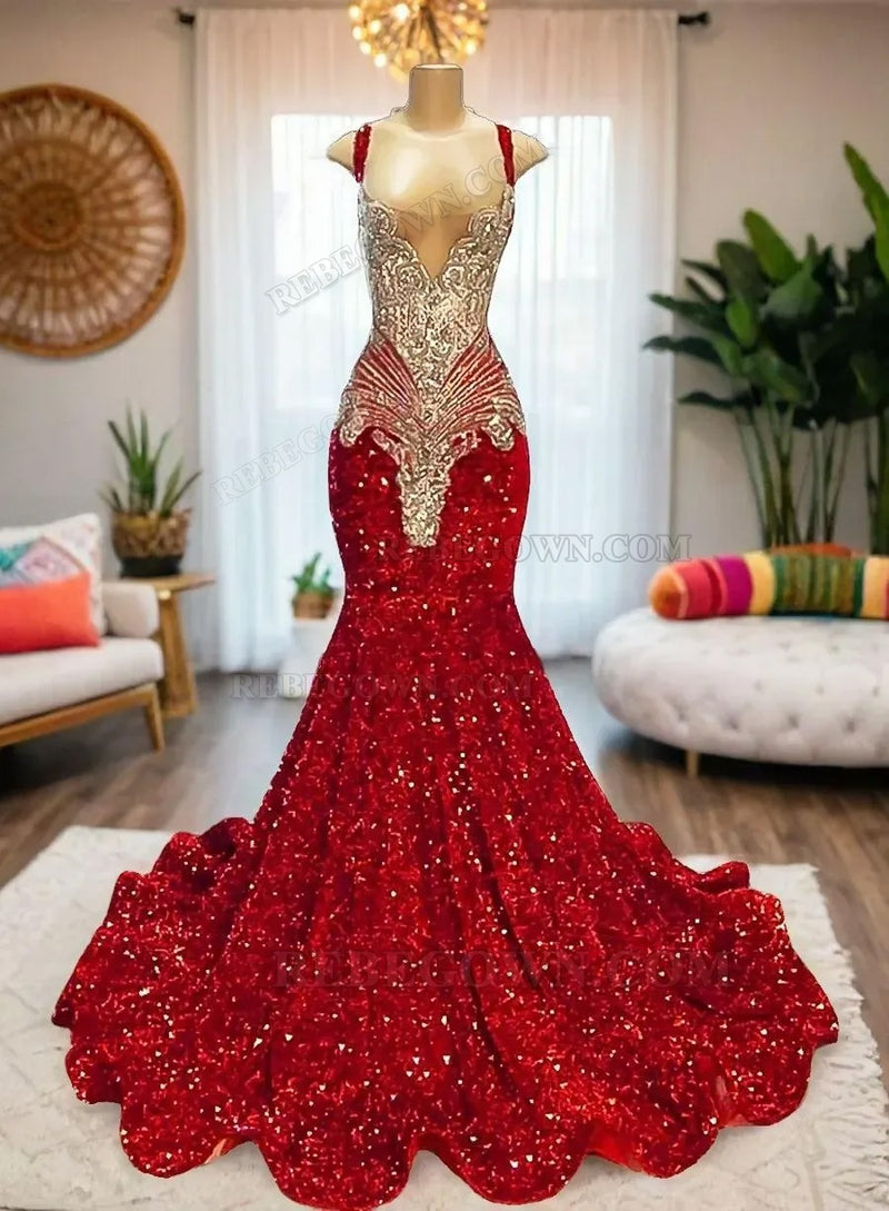 2027 Burgundy Halter Sequin Long Mermaid Evening Gowns front view