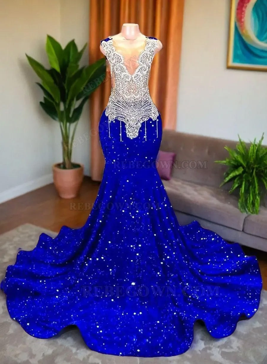 2027 Royal Blue Sequin Long Prom Gowns with Beading front view