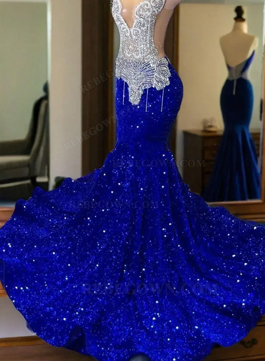 2027 Royal Blue Sequin Long Prom Gowns with Beading back view