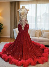 2027 Red Sequin Long Prom Gowns with Feather Accents front view