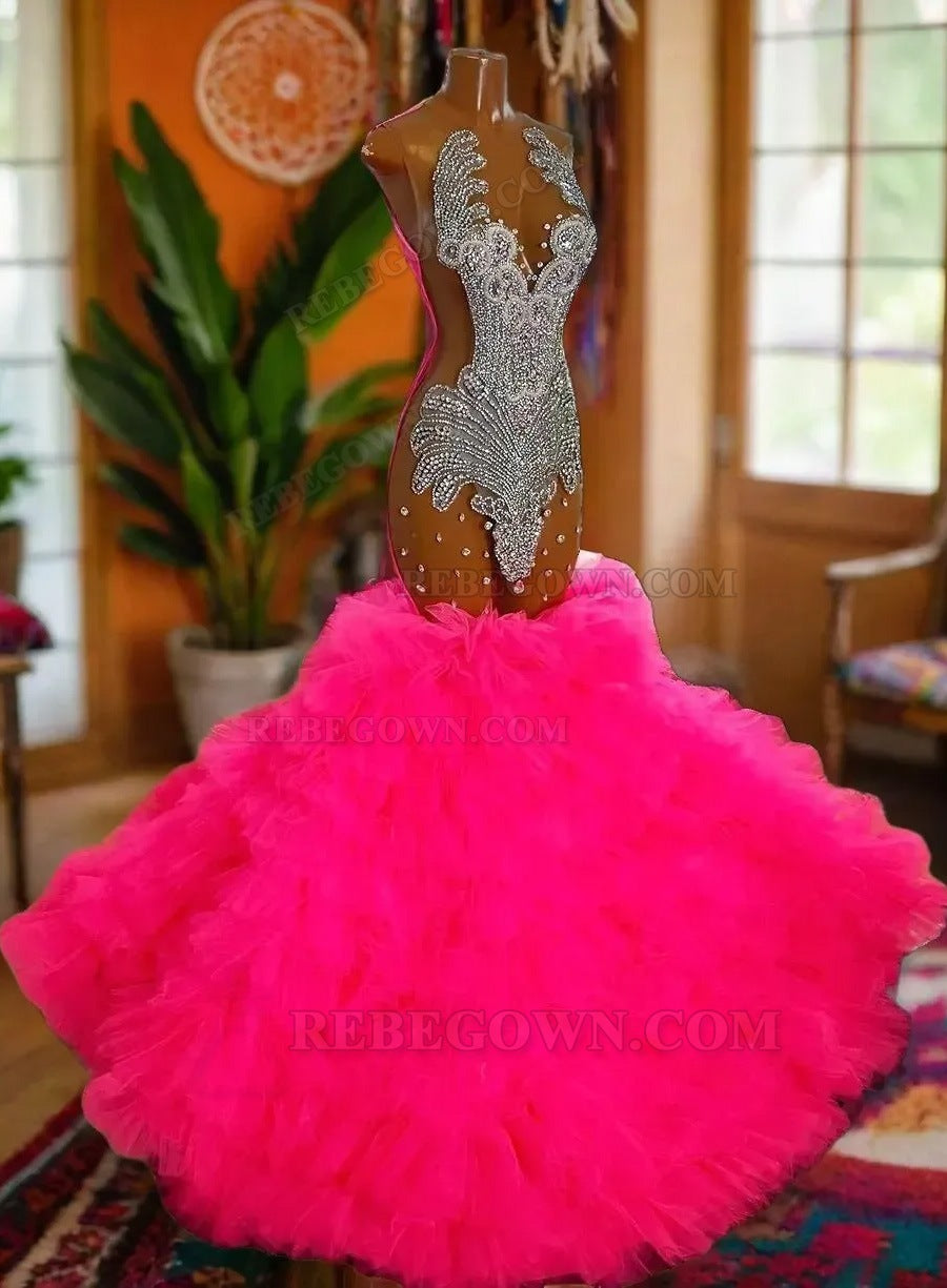 2027 Tiered Fuchsia Mermaid Long Prom Dresses with Beading detail view