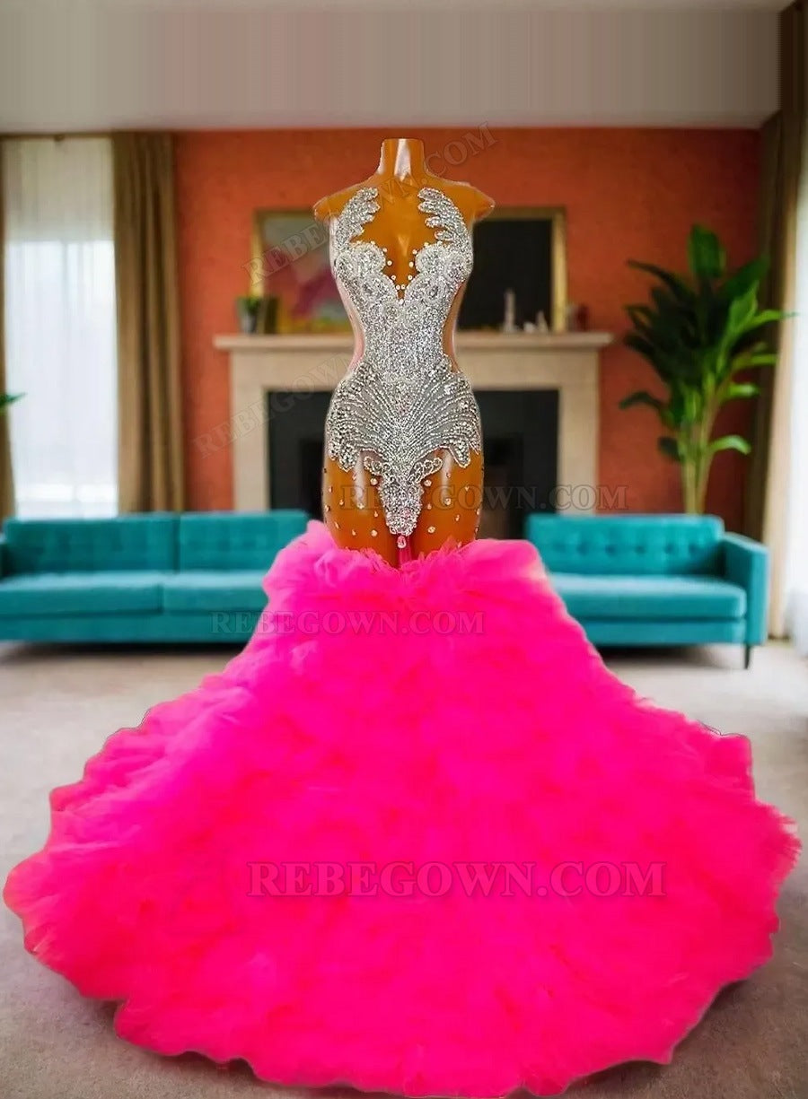2027 Tiered Fuchsia Mermaid Long Prom Dresses with Beading front view