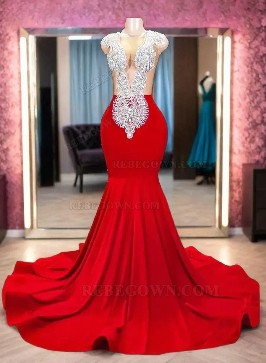 2027 Red Stretchy Satin Beaded Long Prom Dresses front view