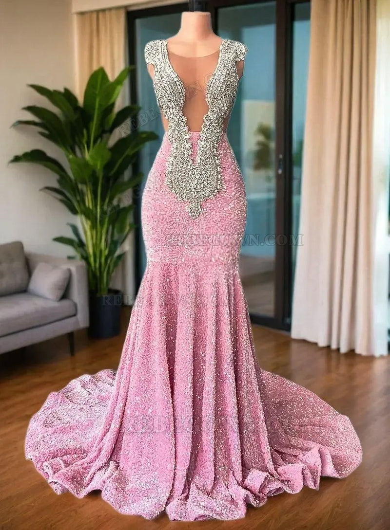 2027 Pink Sequin Beaded Sheath Long Prom Dresses front view