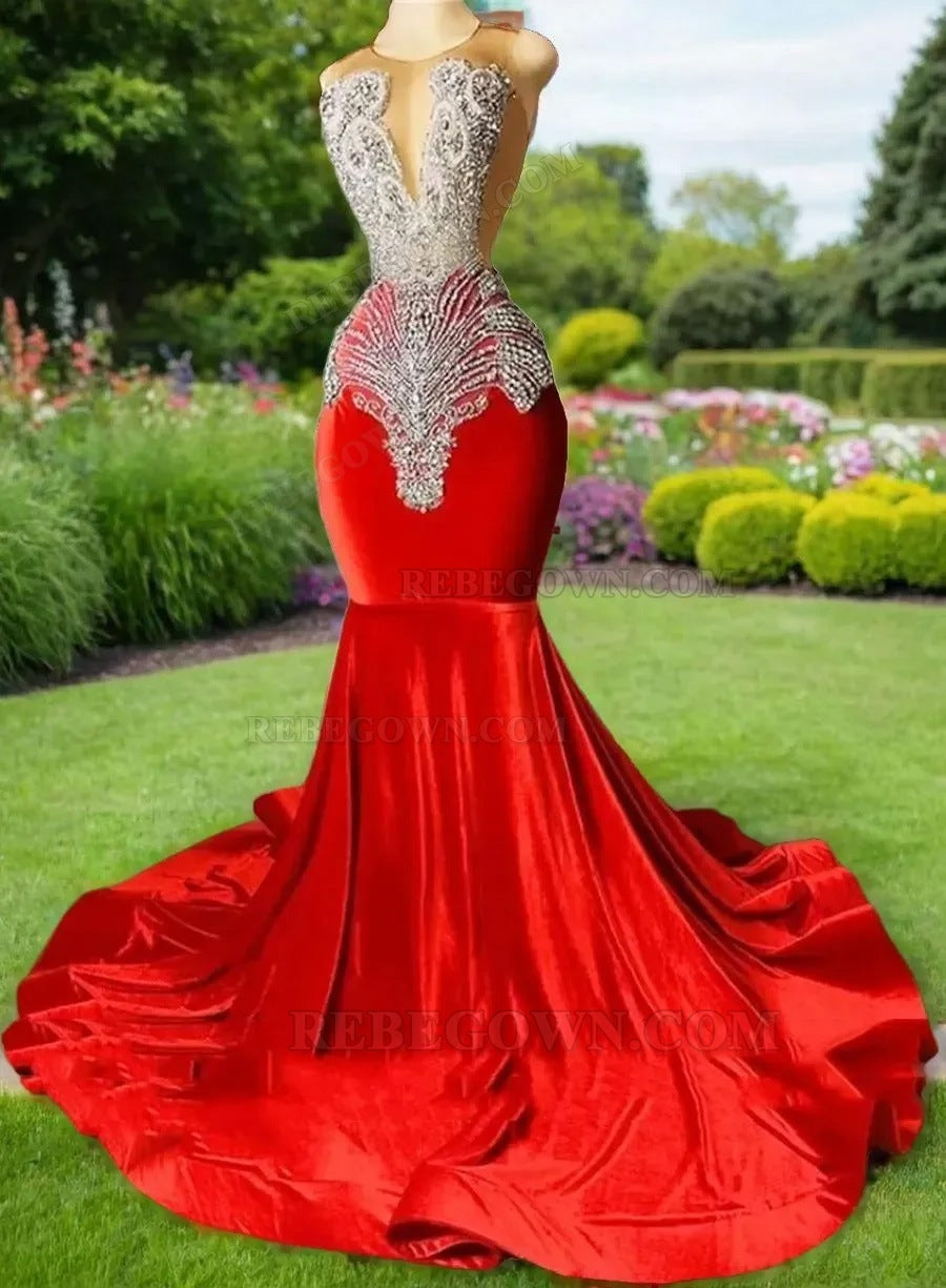 2027 Red Beaded Mermaid Satin-like Long Prom Dresses front view