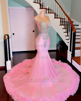 2027 Ruffled Pink Mermaid Beaded Long Prom Dresses detail view