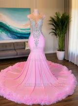 2027 Ruffled Pink Mermaid Beaded Long Prom Dresses front view