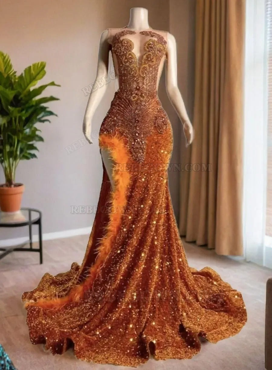2027 Beaded Sequin Orange Long Prom Dresses with Side Slit front view