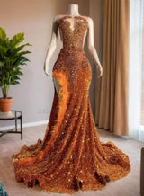 2027 Beaded Sequin Orange Long Prom Dresses with Side Slit front view