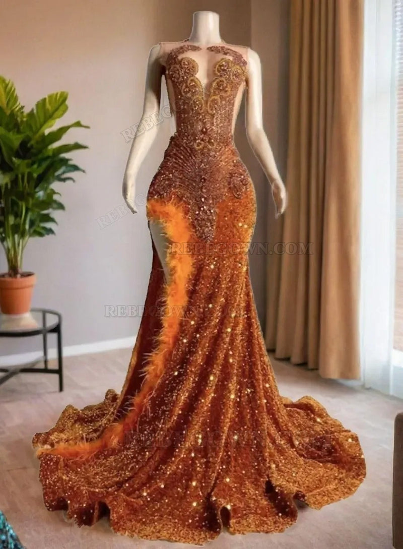 2027 Beaded Sequin Orange Long Prom Dresses with Side Slit front view