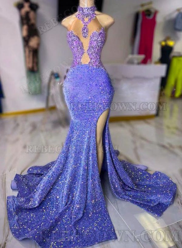 2027 High Neck Lavender Sheath Sequin Prom Dresses with Long Side Slit front view
