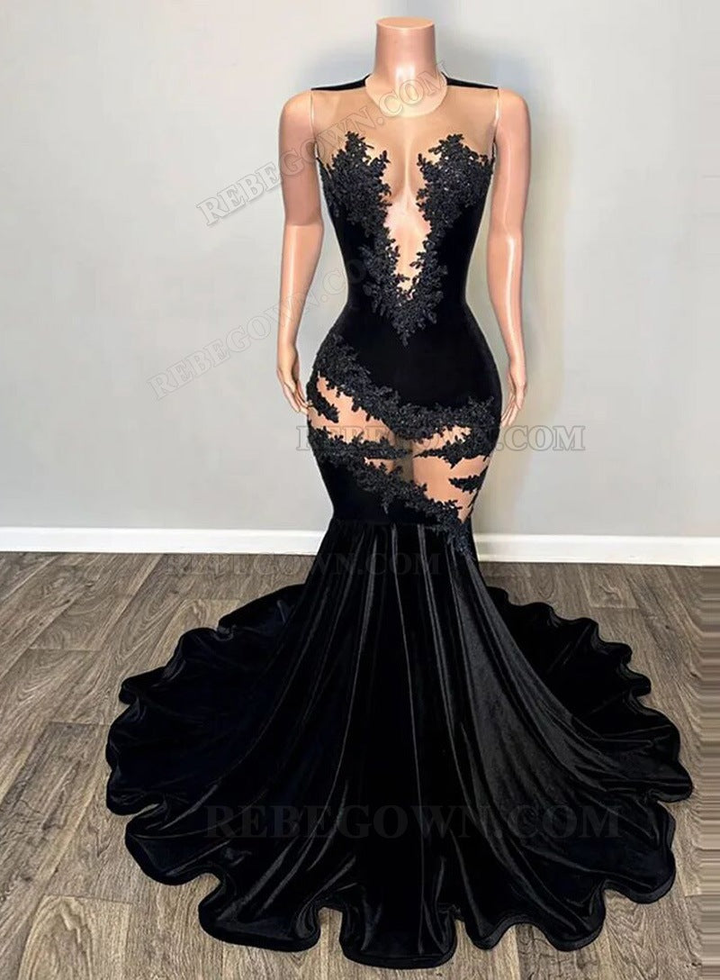 2027 Appliqued Black Mermaid Velvet Long Evening Gowns front view