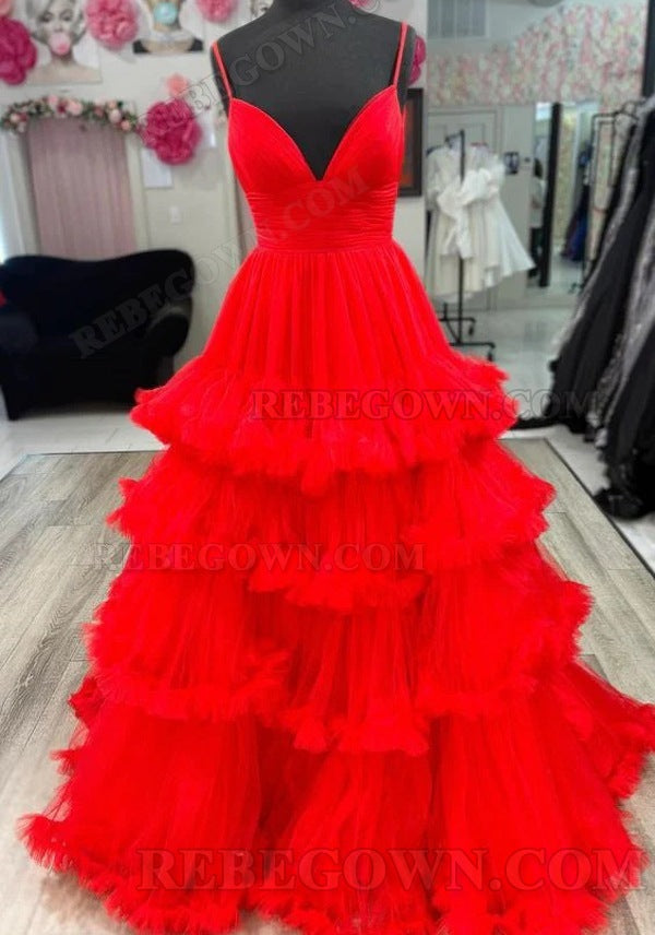 2027 Sweetheart Red A-Line Tiered Long Prom Dresses with Spaghetti Straps front view