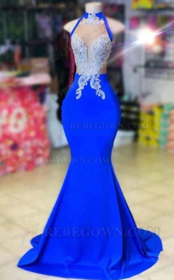 2027 Appliqued Royal Blue Sheath Long Evening Dresses with High Neck front view