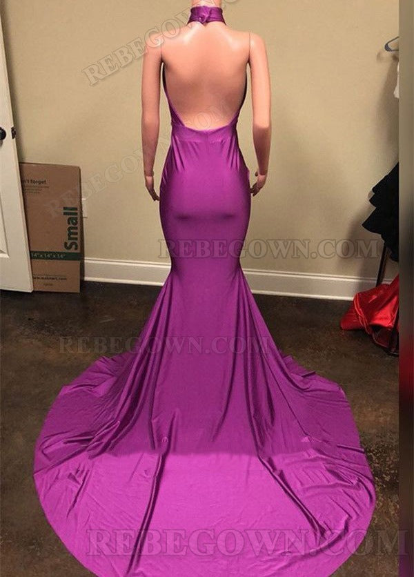 2027 Backless Purple High Neck Keyhole Satin-like Long Prom Dresses back view