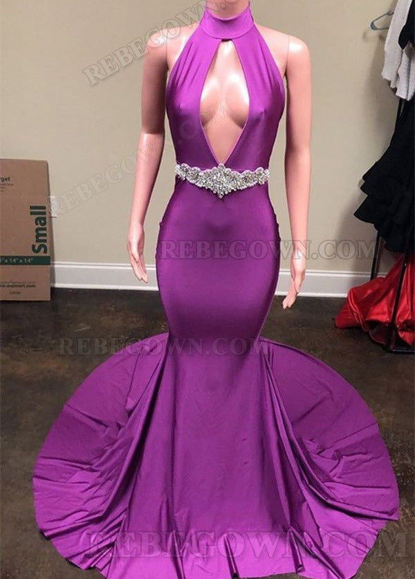 2027 Backless Purple High Neck Keyhole Satin-like Long Prom Dresses front view