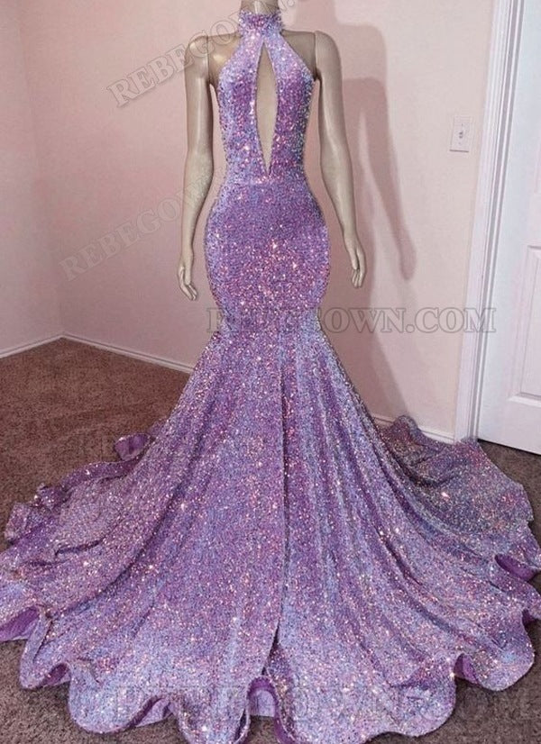 2027 Lilac High Neck Sequin Long Prom Gowns with Front Opening front view