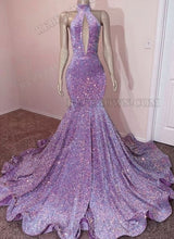 2027 Lilac High Neck Sequin Long Prom Gowns with Front Opening front view