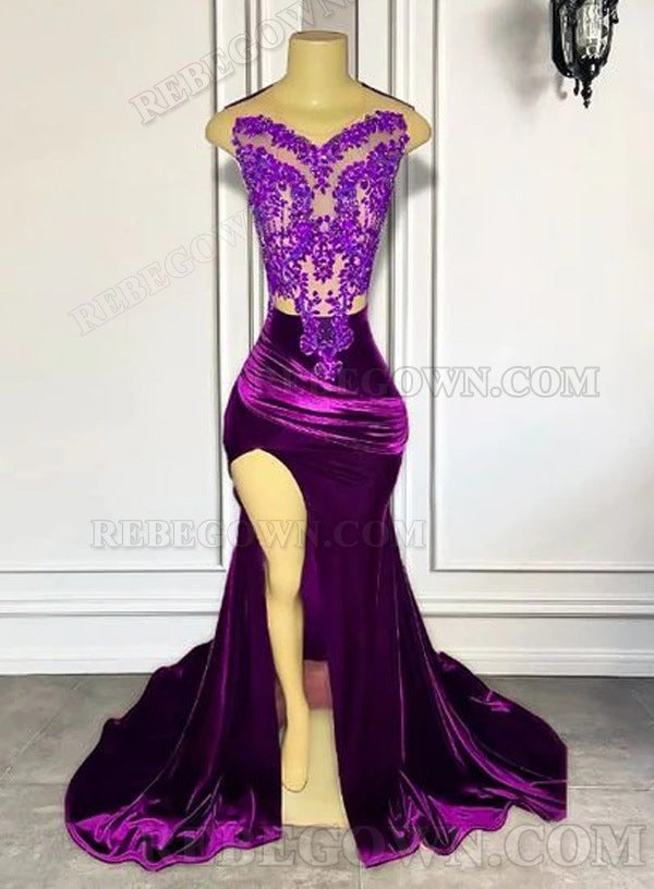2027 Purple Velvet Sheath Prom Dresses with Side Slit and Appliques front view