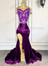 2027 Purple Velvet Sheath Prom Dresses with Side Slit and Appliques front view
