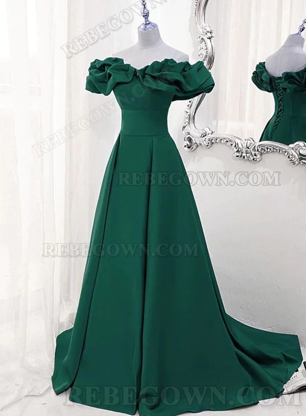 2027 Hunter Green Satin A-Line Off Shoulder Long Prom Dresses front view