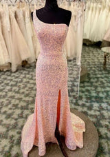 2027 Sheath Pink One Shoulder Sequin Long Prom Dresses front view