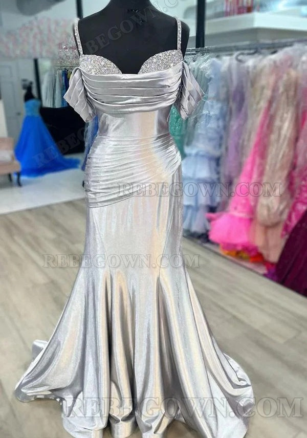 2027 Sweetheart Silver Satin-like Sheath Long Prom Dresses with Beading front view