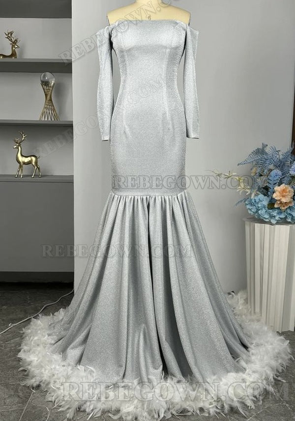 2027 Off Shoulder Silver Sheath Long Prom Dresses with Long Sleeves and Feathers front view