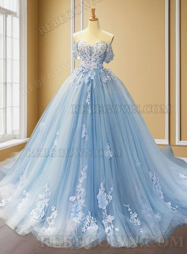2027 Light Sky Blue Sweetheart Tulle Ball Gown Prom Dresses with Appliques front view