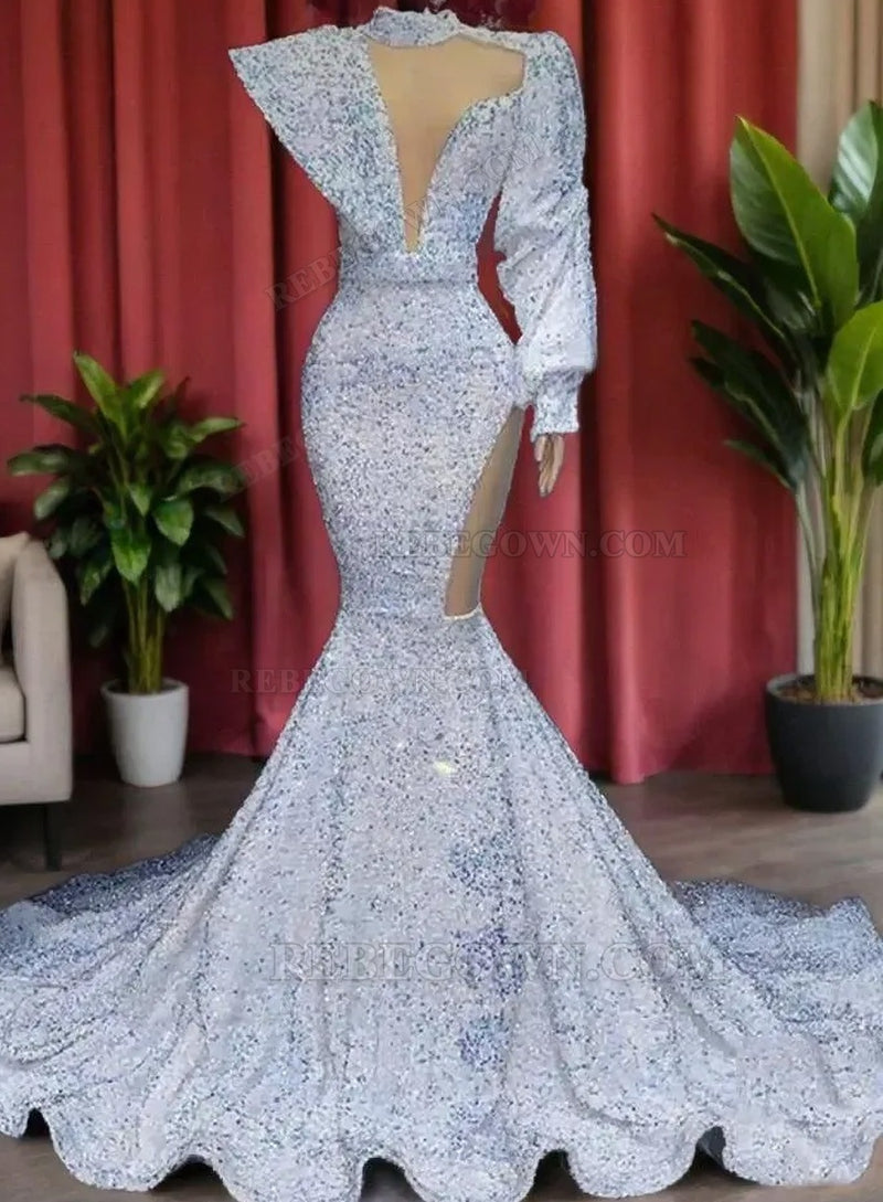 2027 White High Neck Sequin Prom Dresses with One Sleeve front view