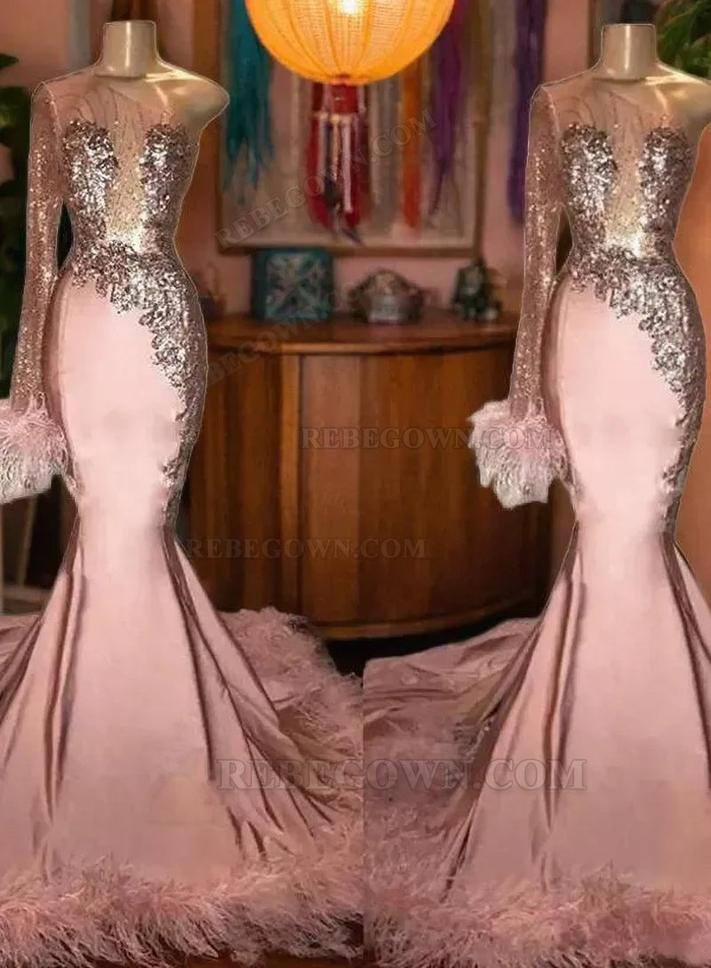 2027 Pink Satin-like Sheath Prom Dresses with One Shoulder and Beads front view