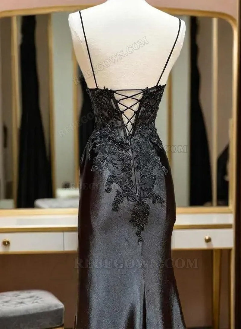 2027 Sweetheart Neckline Black Long Prom Dresses with Spaghetti Straps and Side Slit back view