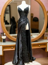 2027 Sweetheart Neckline Black Long Prom Dresses with Spaghetti Straps and Side Slit front view