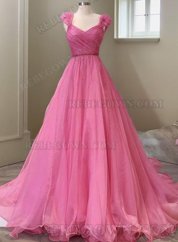 2027 Hot Pink Organza A-Line Sweetheart Long Prom Dresses front view