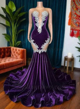 2027 Purple Velvet Mermaid Prom Dresses with Neckline and Appliques front view