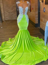 2027 Lime Green Velvet Mermaid Prom Dresses with Neckline and Beading front view