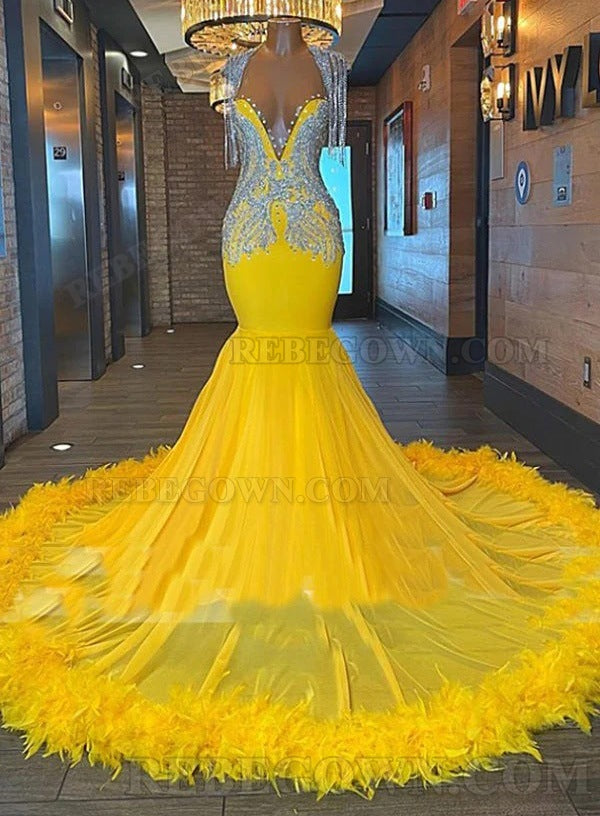 2027 Daffodil Mermaid Chiffon Prom Dresses with Sweetheart Neckline and Feathers front view