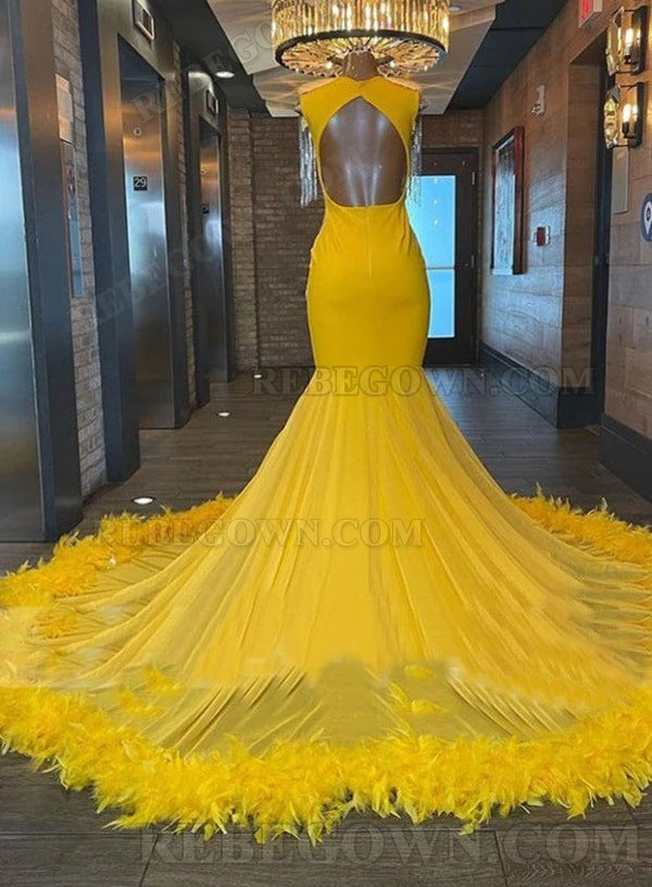 2027 Daffodil Mermaid Chiffon Prom Dresses with Sweetheart Neckline and Feathers back view