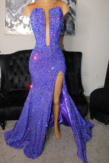 2027 Lavender Sequin Side Slit Long Prom Dresses front view