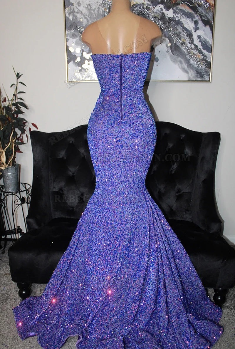2027 Lavender Sequin Side Slit Long Prom Dresses back view