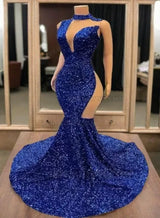 2027 Royal Blue Sequin Mermaid Prom Dresses with Neckline front view