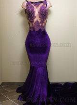 2027 Purple Velvet Halter Sheath Prom Dresses with Appliques front view