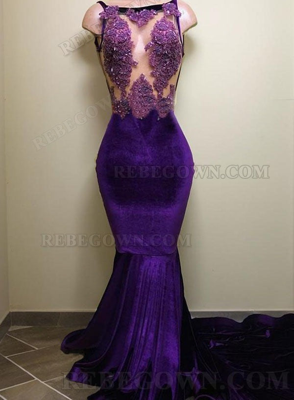 2027 Purple Velvet Halter Sheath Prom Dresses with Appliques front view