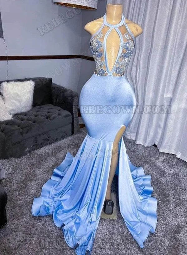 2027 Appliqued Blue Mermaid Prom Dresses with Halter Neck and Front Side Slit front view