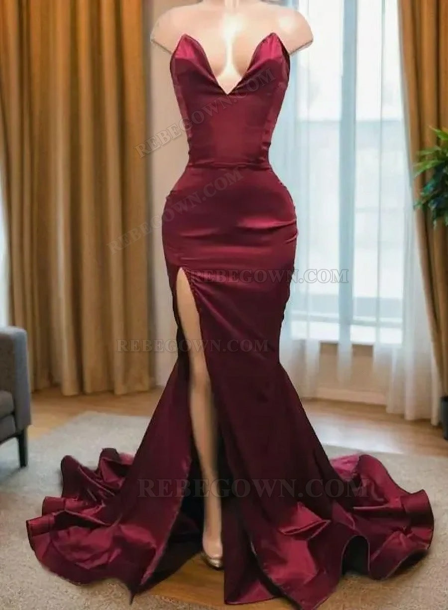 2027 Burgundy Satin Sheath Prom Dresses with Sweetheart Neckline and Side Slit front view